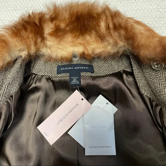 Banana Republic Brown Herringbone Blazer Jacket Removable Fur Collar Size 0P - Picture 2 of 10